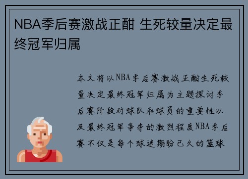 NBA季后赛激战正酣 生死较量决定最终冠军归属