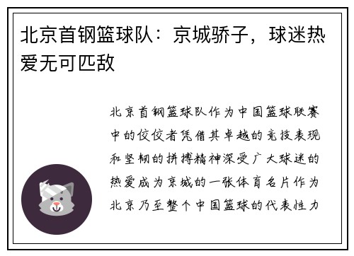 北京首钢篮球队：京城骄子，球迷热爱无可匹敌